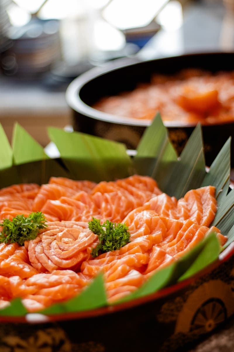 Fresh salmon sashimi platter for catering